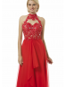 Turtle Neck Beaded Lace Chiffon Ruffled Prom Dress